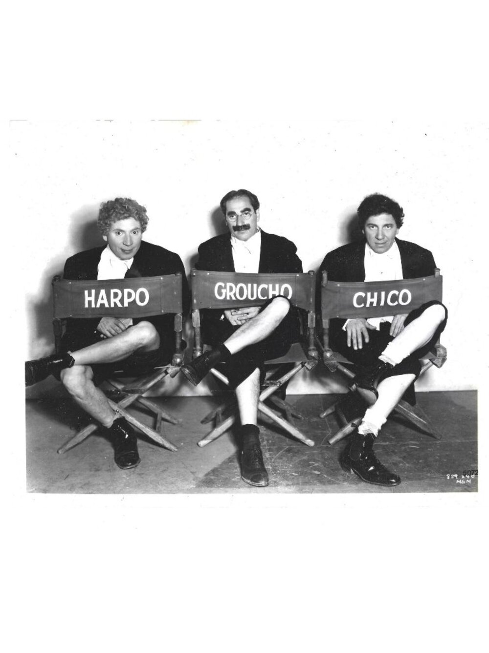Marx Brothers Photograph Harpo Groucho Chico Sitting Chairs 8 x10  MGM STAIN